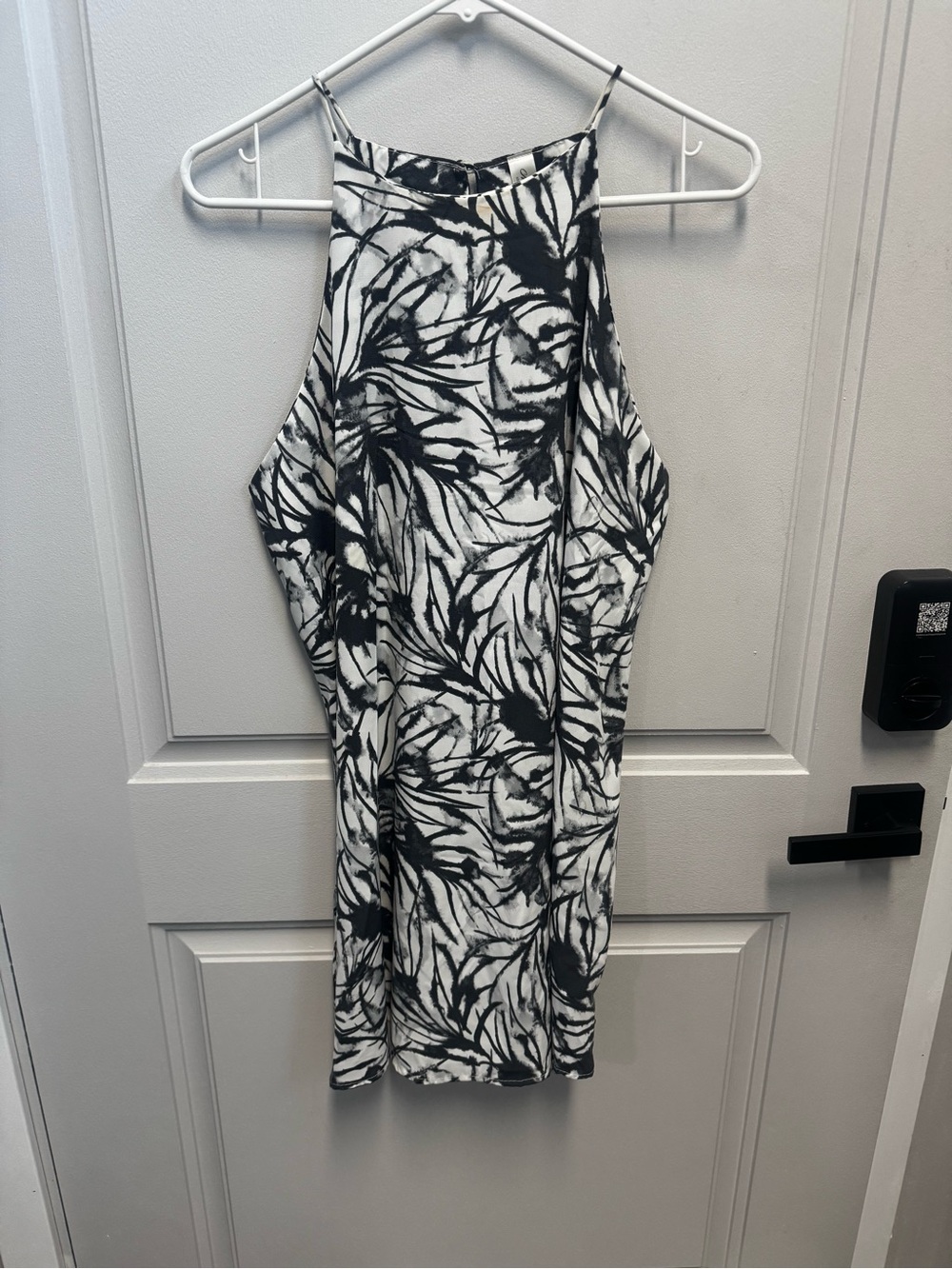 Mahina Black & White Tropical Print high strap mini dress